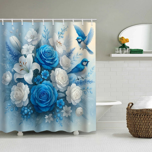 A floral shower curtain featuring blue and white peonies, lavender, and blue birds.