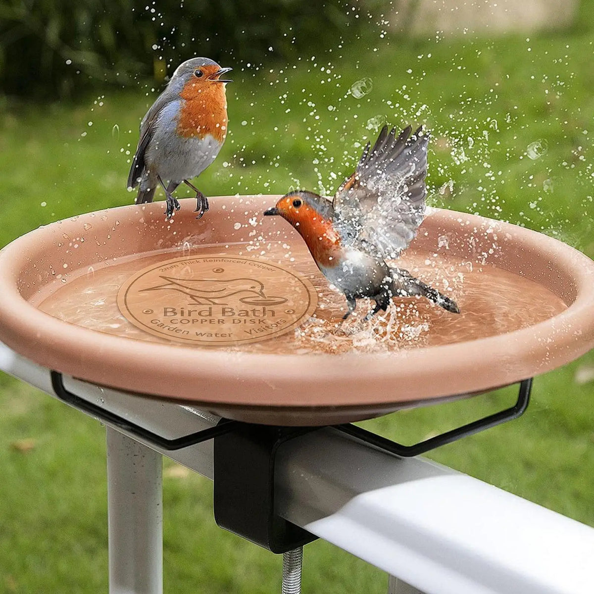 A small bird is splashing water on a copper bird bath disk supported by a stand.