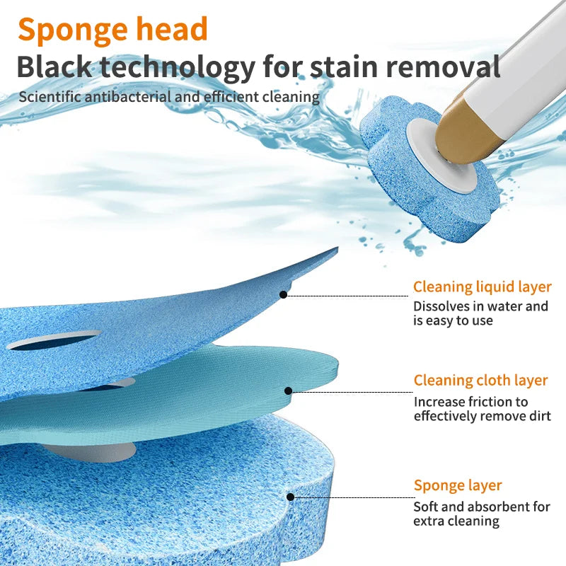 Close-up view of a blue sponge head for stain removal showing layers including cleaning liquid, cloth, and sponge.