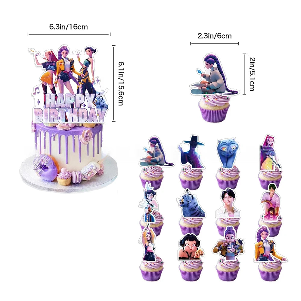 A set of K-Pop themed birthday party decor including a multi-tiered cake and various cupcake decorations.