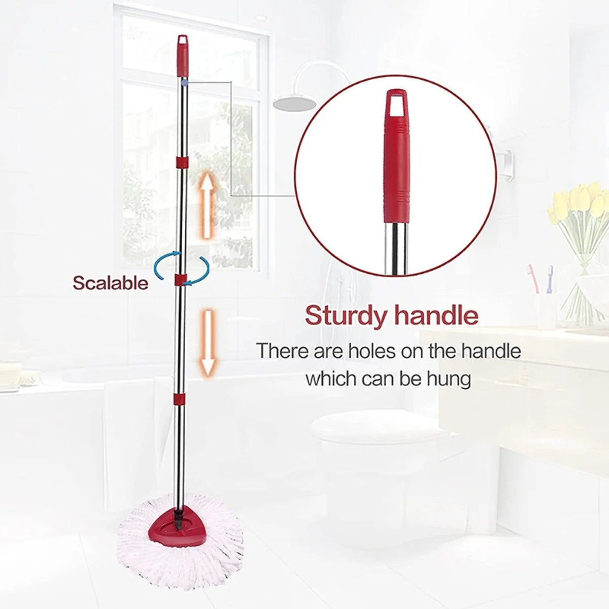 A red and black adjustable spin mop with a sturdy handle and pink cleaning head is shown in a bright room.
