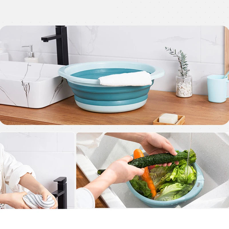 Una cubeta de lavado portátil y plegable se usa para lavar verduras en un fregadero.
