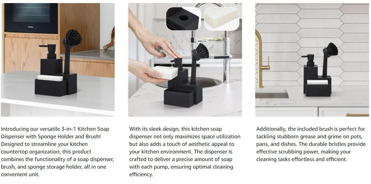A hand demonstrates the versatile 3-in-1 kitchen soap dispenser with a sponge holder and brush on a countertop.
