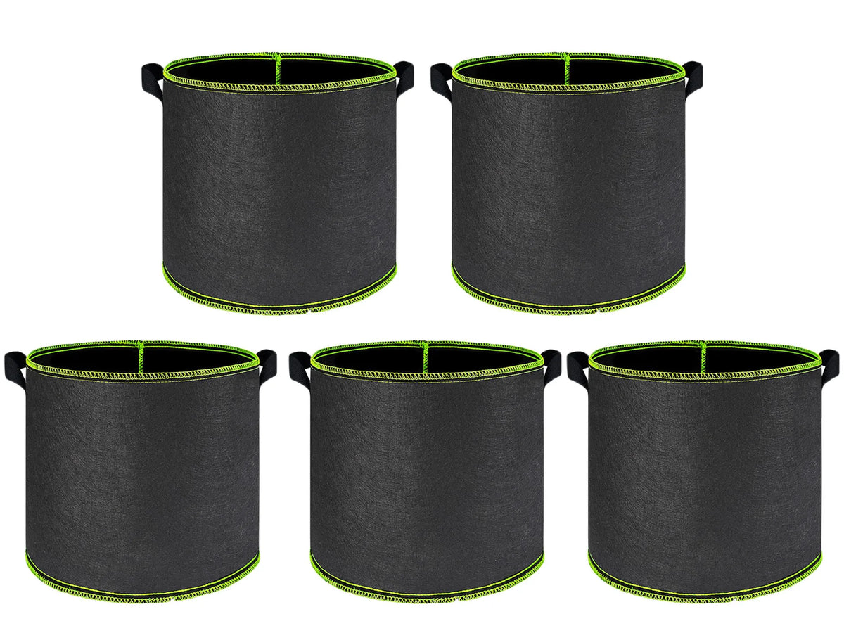 Three black breathable fabric plant grow bags with green stitching and handles shown from the side.