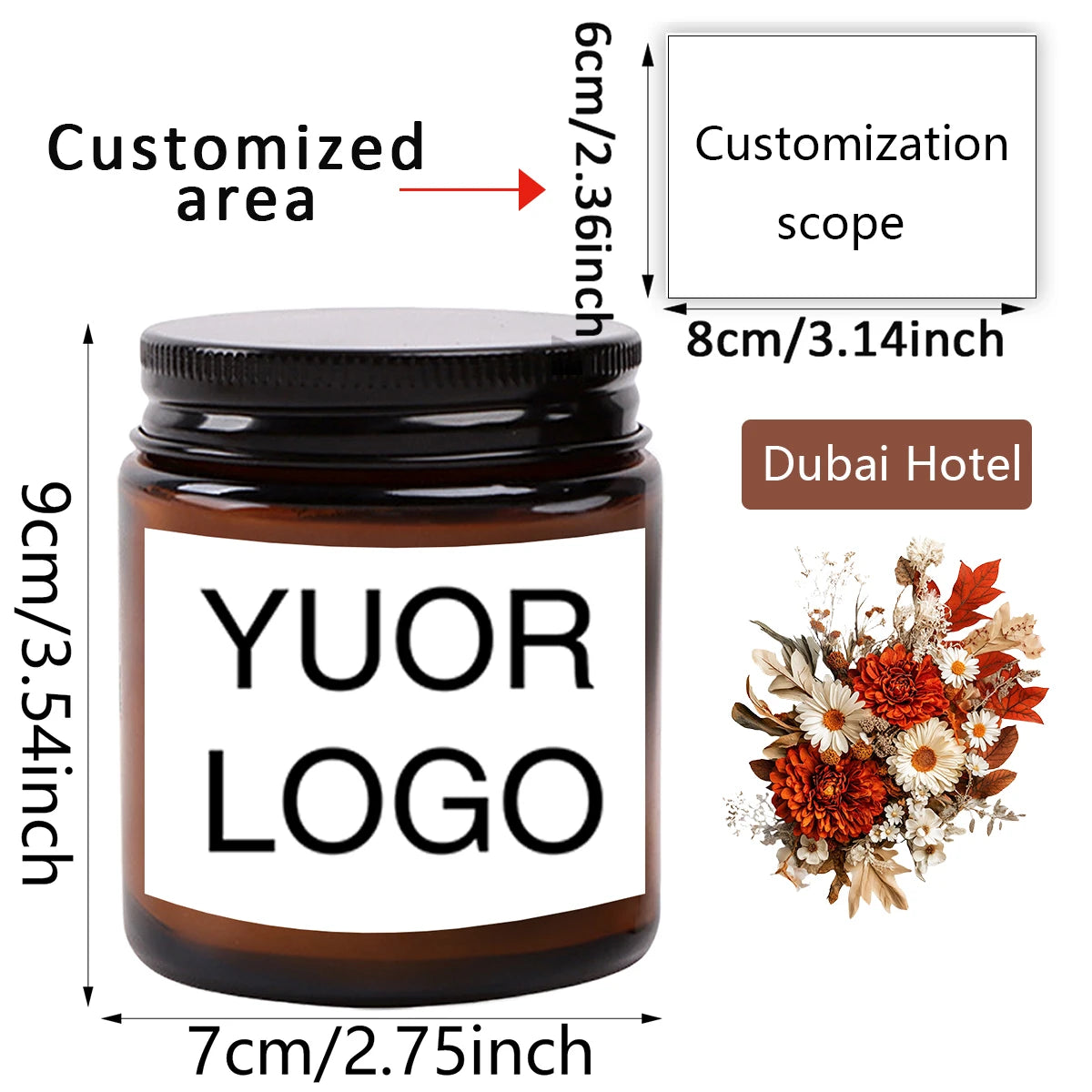 A dark glass jar with a black lid labeled with a custom logo, showing its dimensions and customization scope.