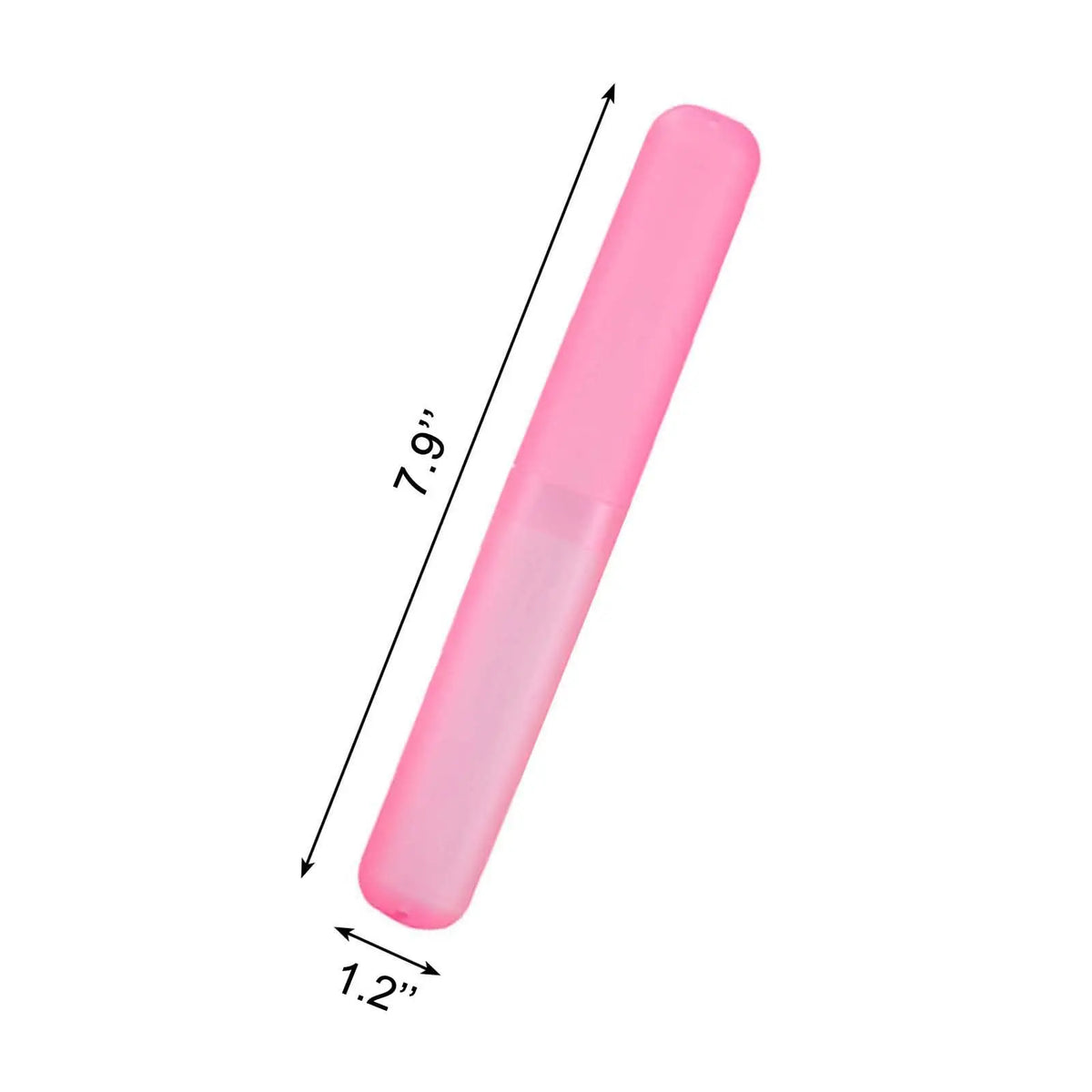 A long, pink travel and storage toothbrush case with dimensions 7.9 inches long and 1.2 inches wide.