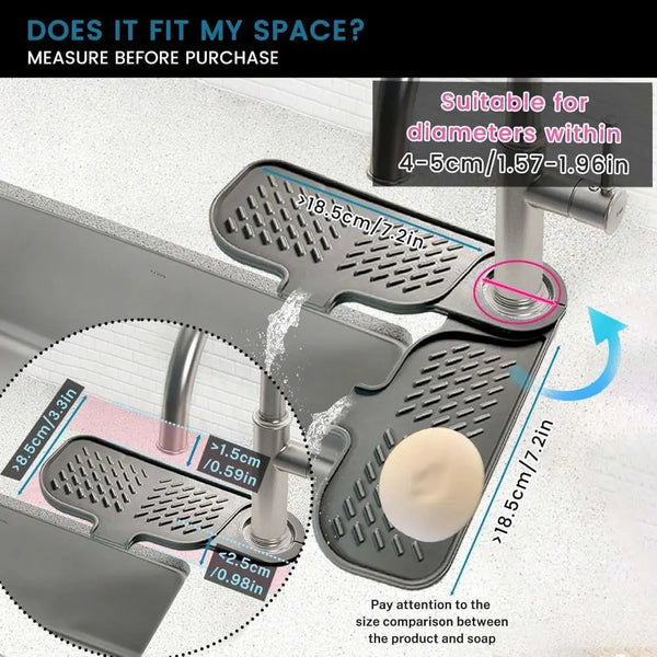 A silicone sink splash guard mat is shown with various sized silicone inserts for different diameters.