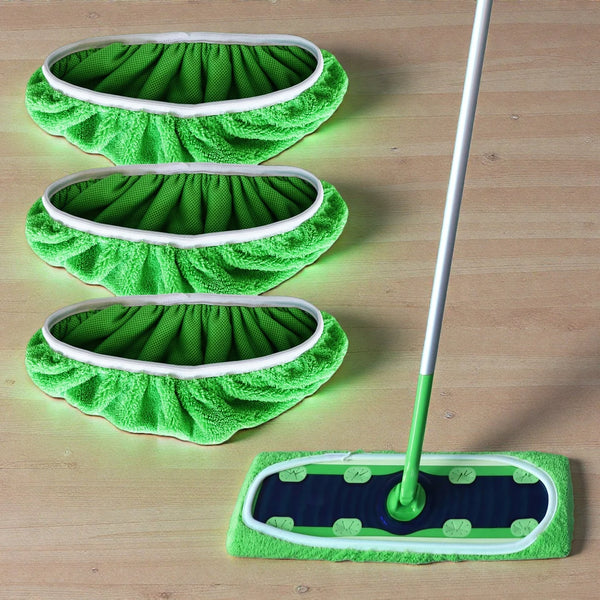Three reusable microfiber mop pads in bright green with white trim and a long handle.