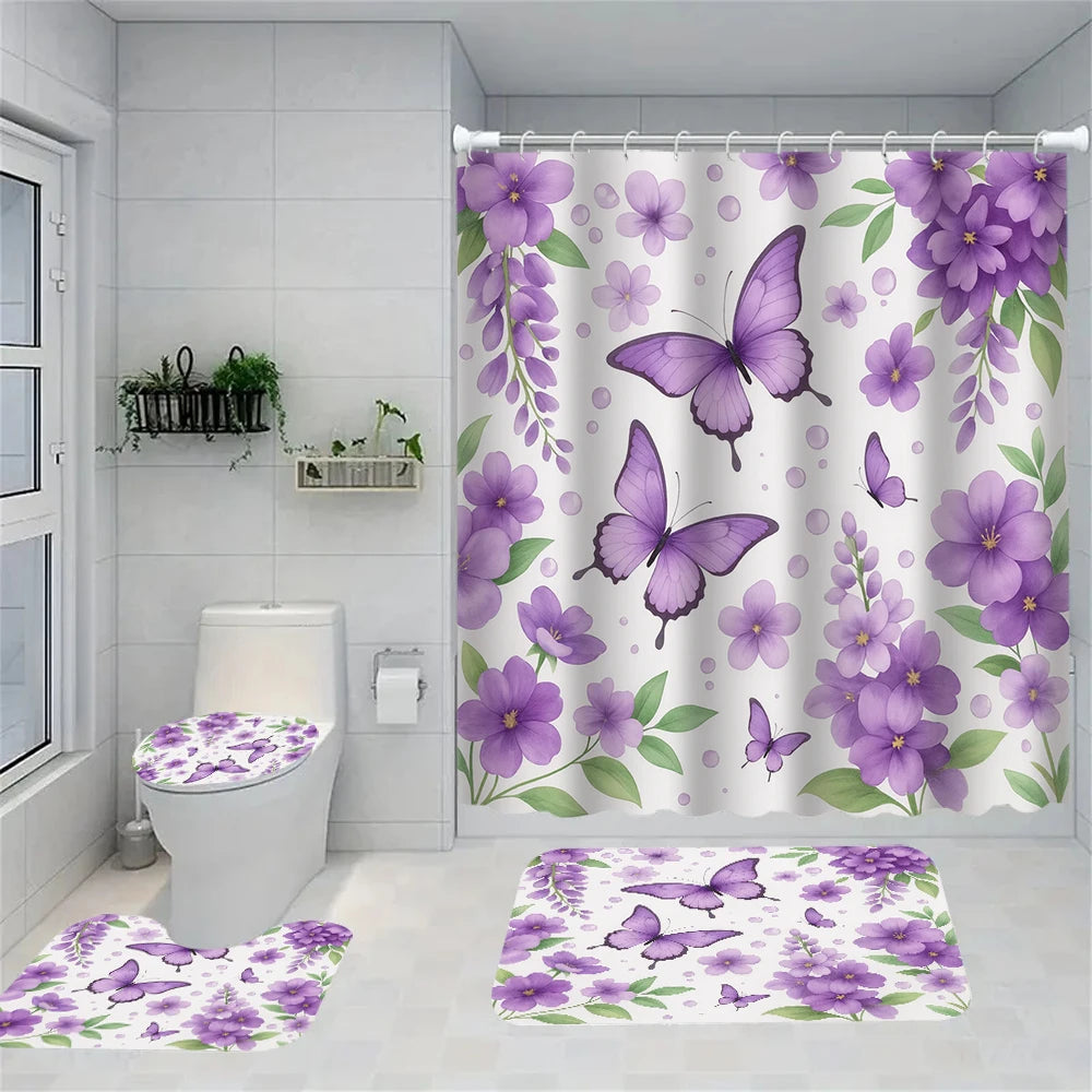 A shower curtain featuring a purple peony floral pattern and a matching floor mat.
