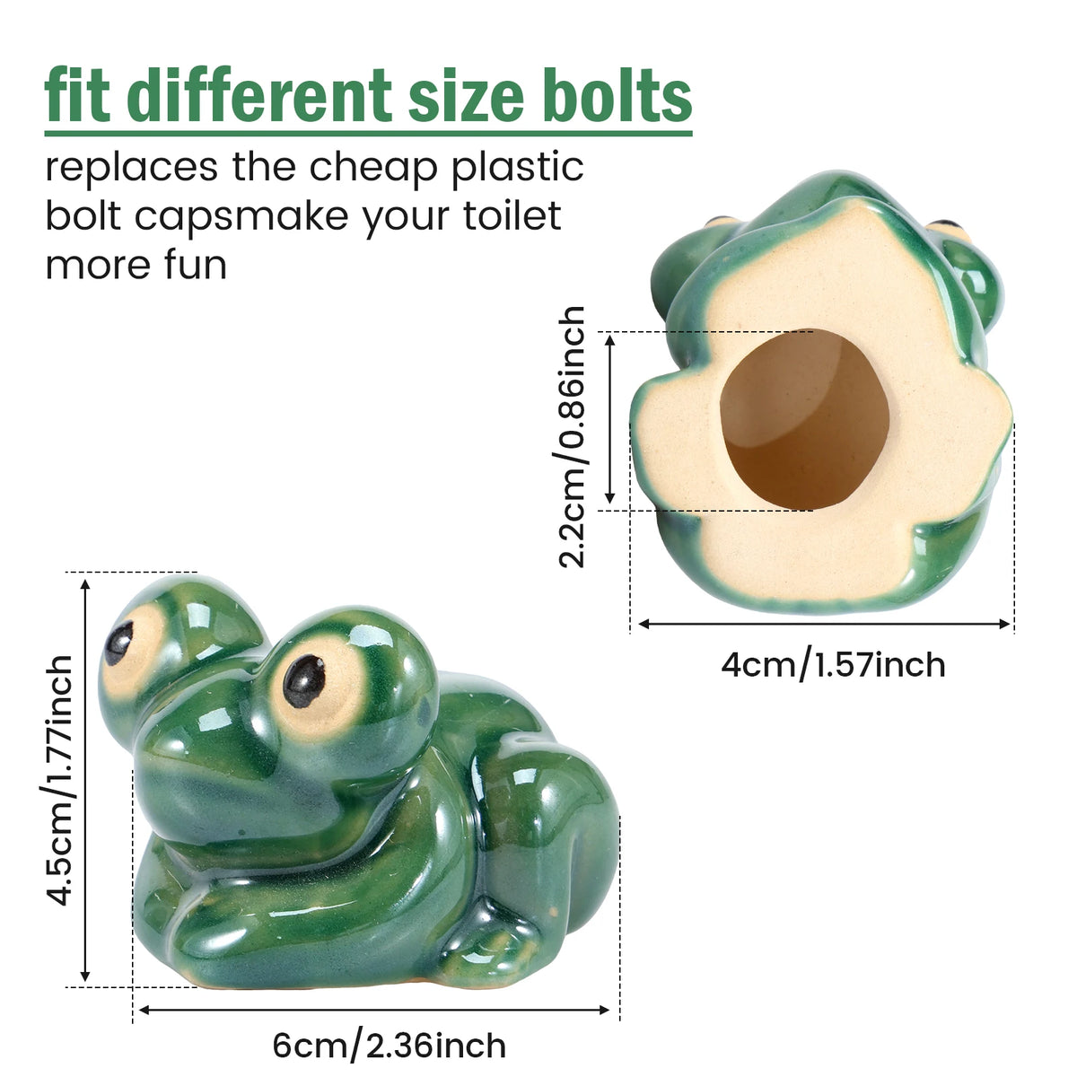 A green ceramic toilet bolt cover shaped like a frog, shown next to its dimensions.