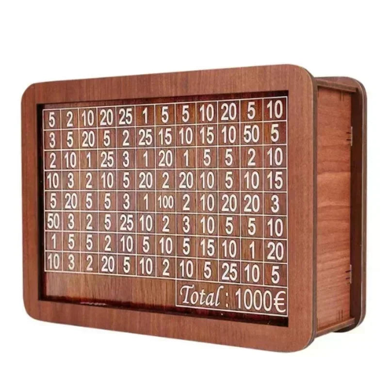 A wooden piggy bank with a grid of numbered slots for saving goals and a total amount displayed.