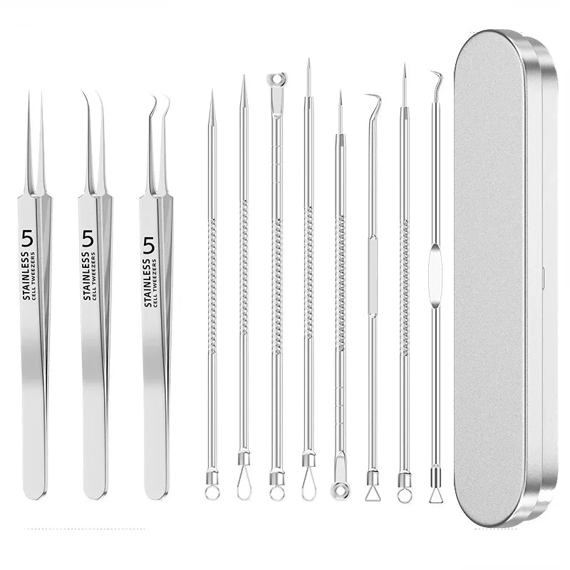 A set of stainless steel acne and blackhead remover tools displayed next to their storage case.