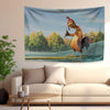 A tapestry wall hanging featuring a colorful, funny chicken in a natural landscape.