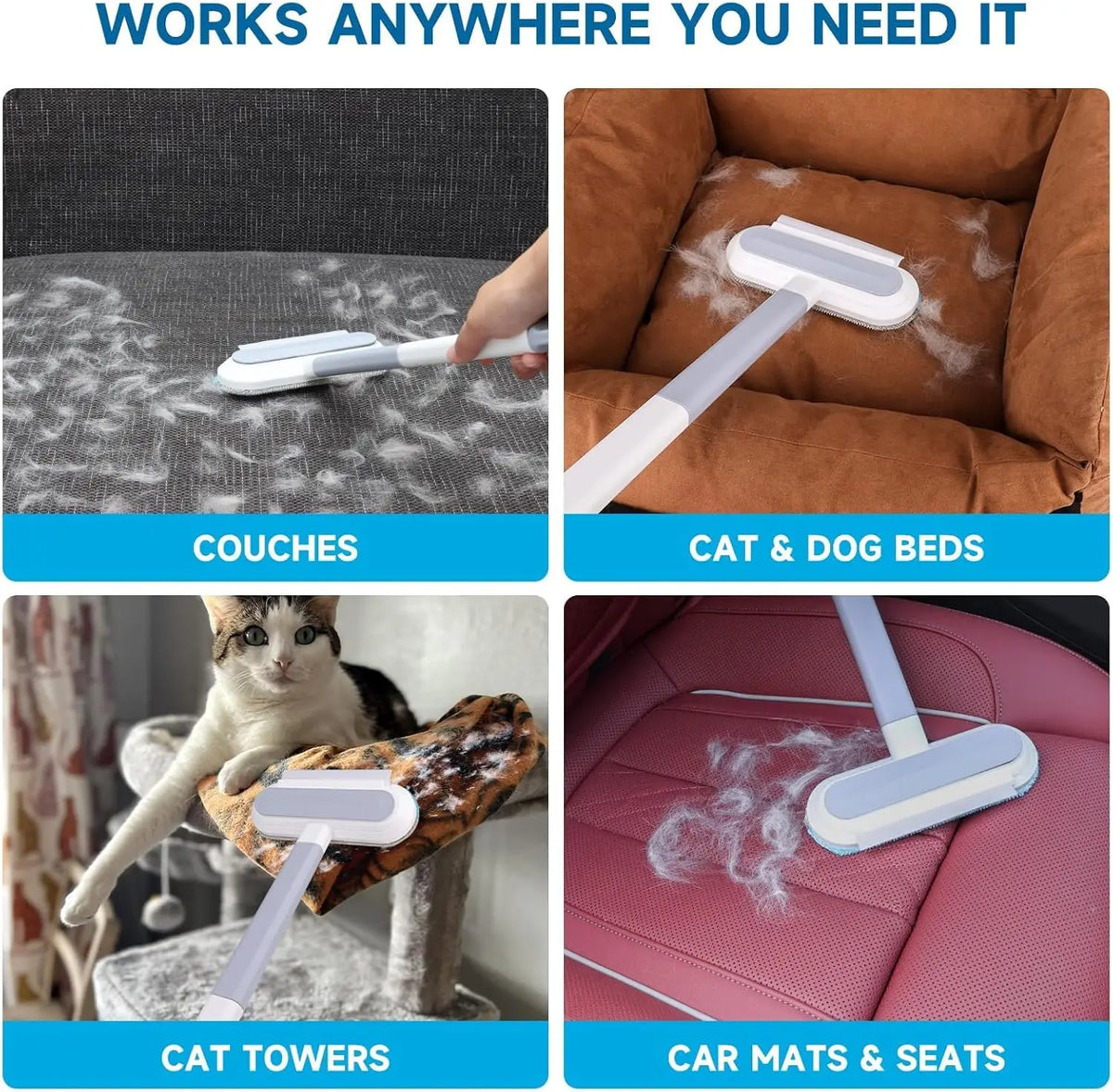 A reusable multi-surface pet hair remover tool is shown being used on couches, cat beds, cat towers, and car mats.