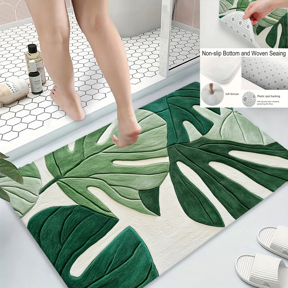 A green and white botanical leaf carpet mat is shown on a floor, with a person's legs standing nearby.