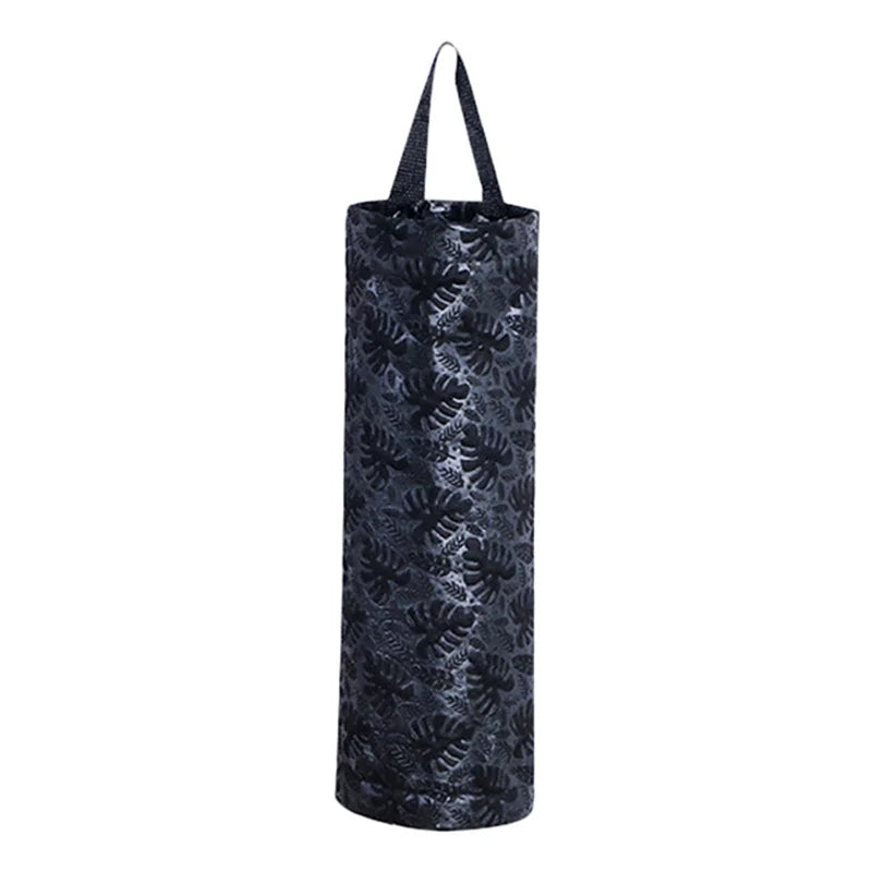 Distributeur de sacs d'épicerie en tissu noir avec fermeture à cordon.