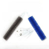 A pair of cleaning brushes, one black and one blue, shown diagonally against a white background.