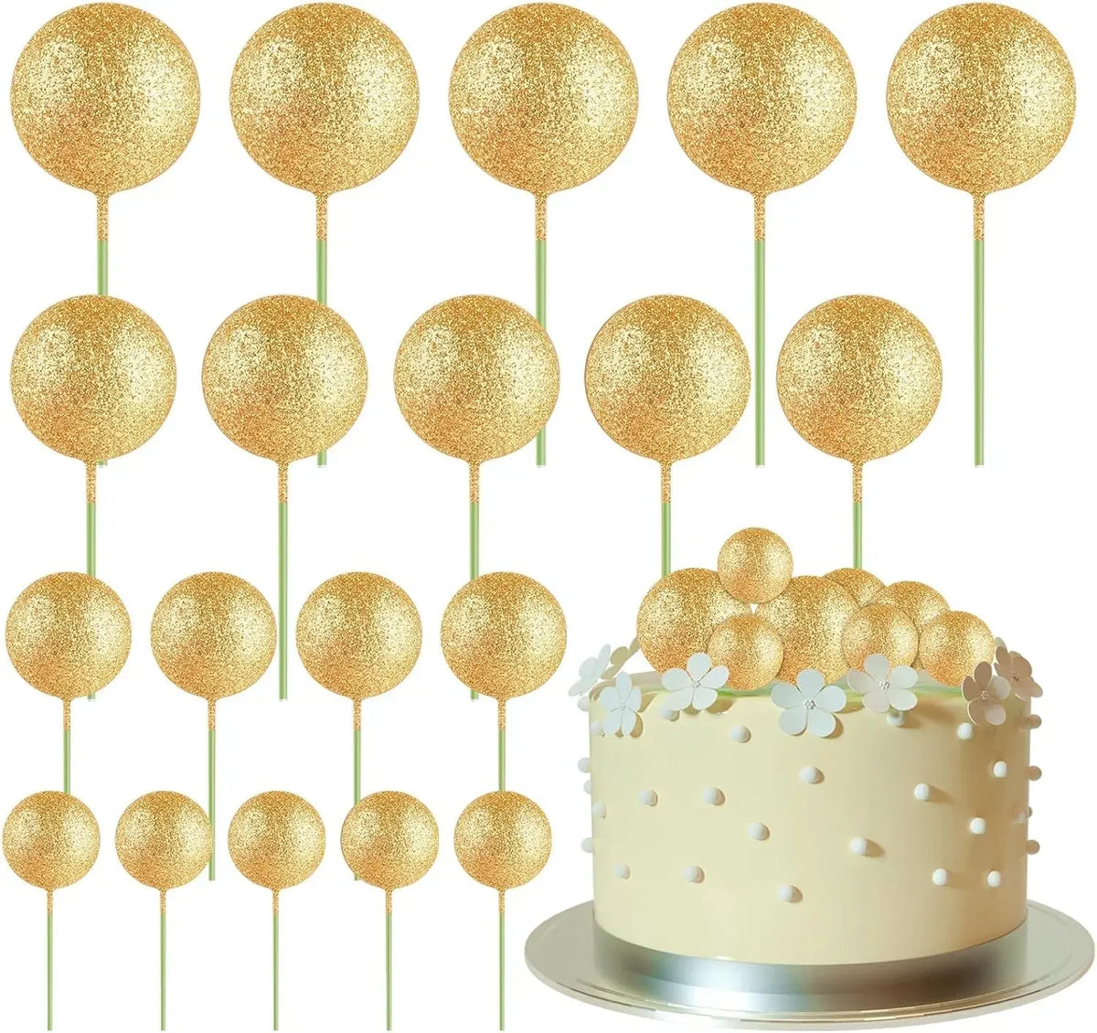 A collection of twenty gold glitter ball cake toppers on sticks arranged for decoration.
