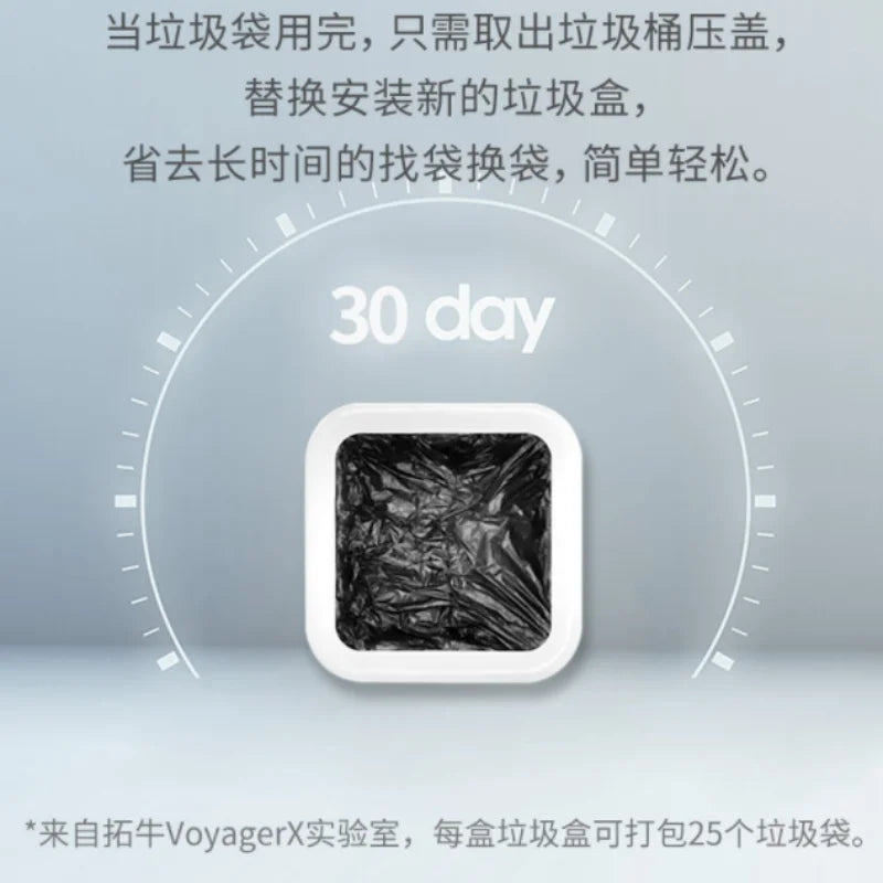 A white reusable refill ring for a kitchen trash can is shown inside a circular graphic indicating a 30-day guarantee.