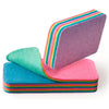 A stack of colorful reusable PVA sponge cleaning cloths in rainbow colors.