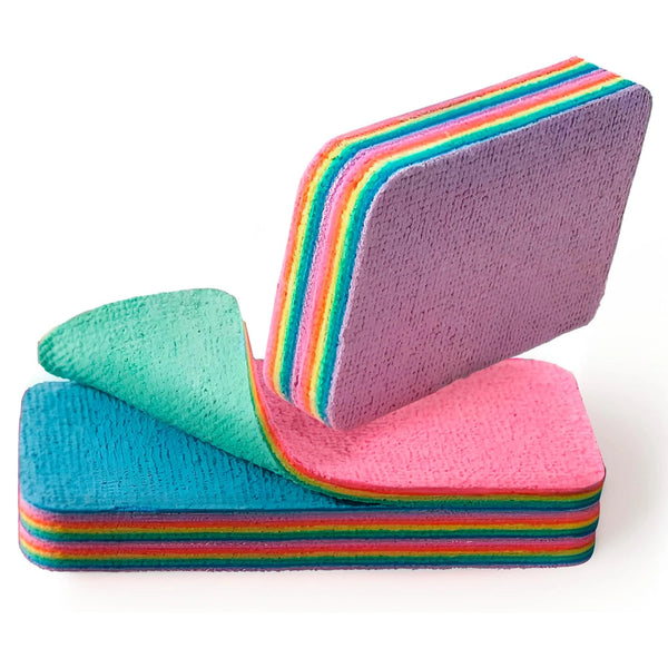 A stack of colorful reusable PVA sponge cleaning cloths in rainbow colors.