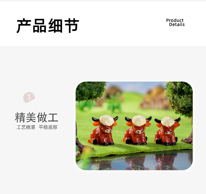 A close-up photo of a red resin figurine depicting a Highland cow with horns, set in a green outdoor landscape.