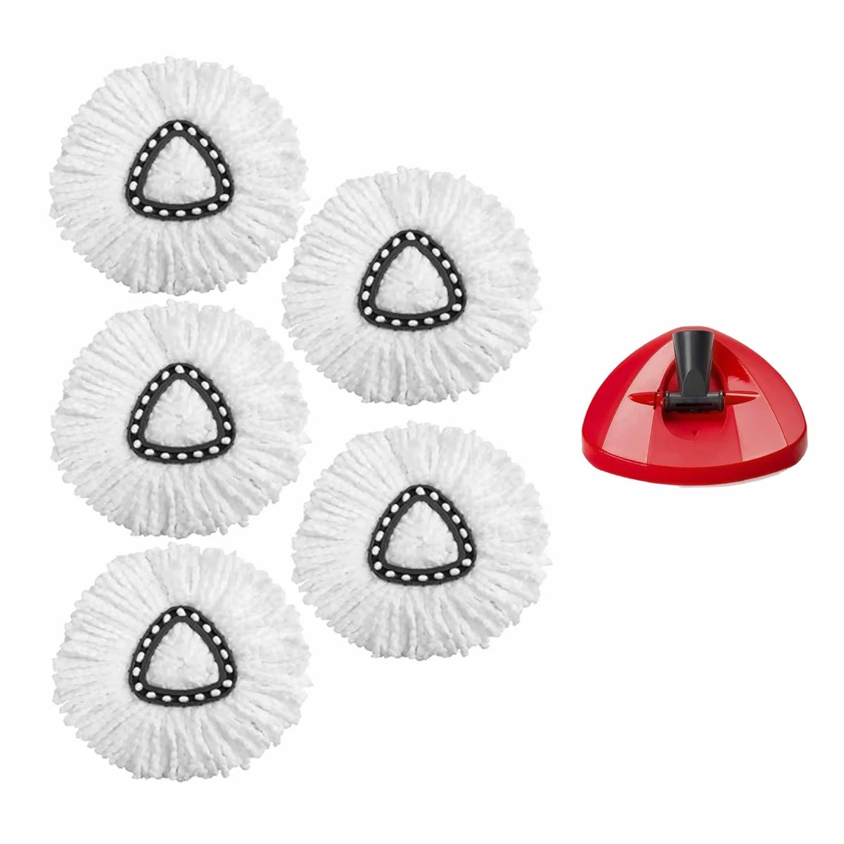 Three white replacement mop heads with black dotted triangles and a red handle.