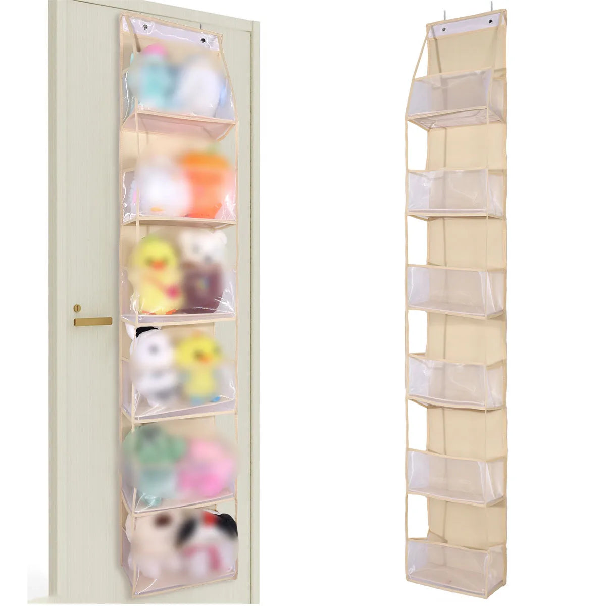 Over-the-door fabric storage organizer with multiple pockets displaying various small items.