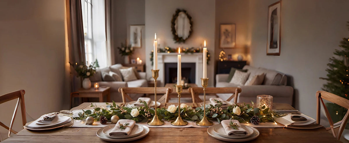 A table setting featuring six gold weighted metal taper candlestick holders with greenery and white flowers.