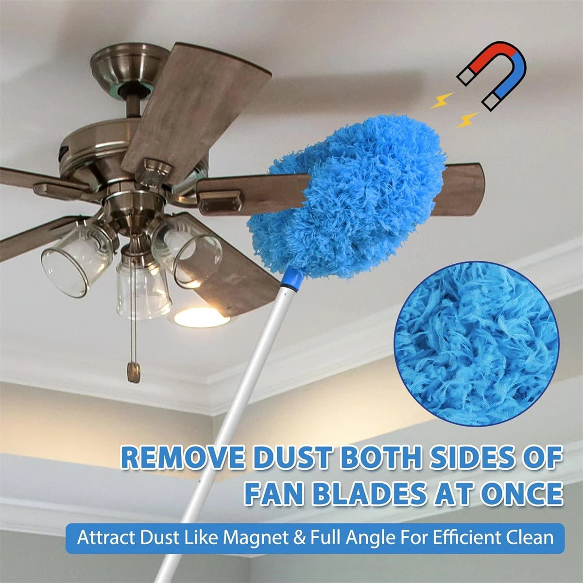 Extendable ceiling fan duster set with a magnetic attachment for cleaning fan blades.