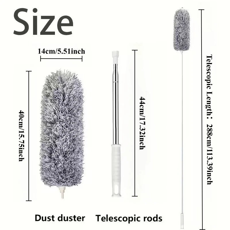 A gray electric duster shown next to its telescopic rods and a measurement scale.
