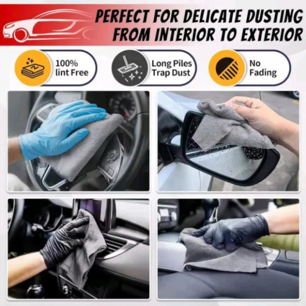 A collection of gray microfiber cleaning wipes being used to dust and clean various parts of a car interior and exterior.