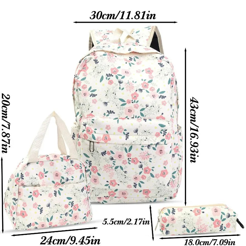 Floral print backpack set including a backpack, handbag, and pencil case