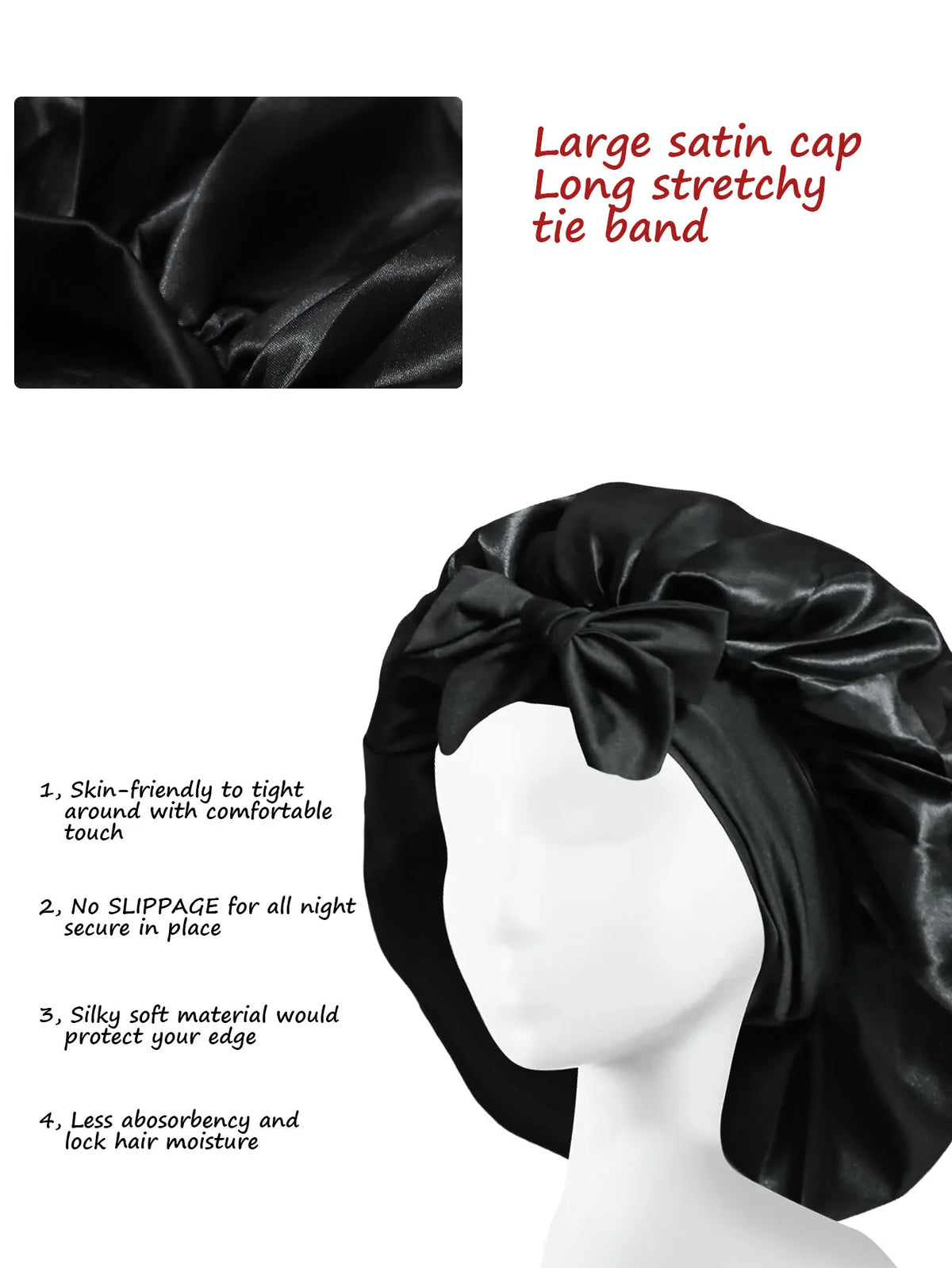 Black satin sleep bonnet with a large tie band shown on a mannequin head.