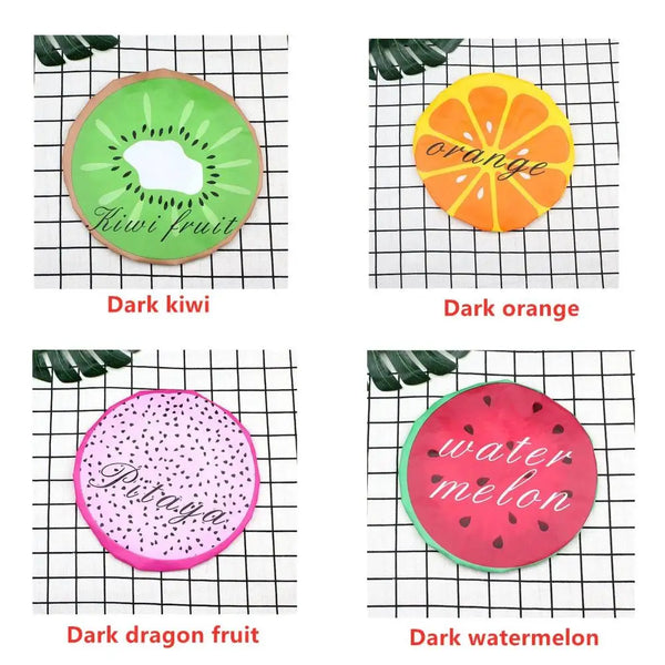 Four circular fruit designs on a grid: dark kiwi, dark orange, dark dragon fruit, and dark watermelon.