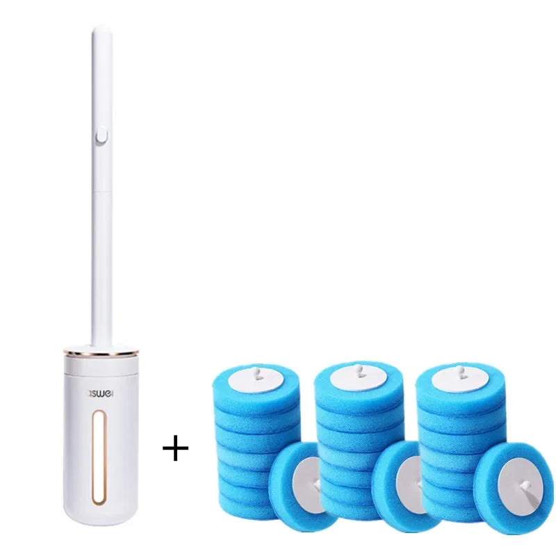 A wall-mounted toilet brush cleaning kit shown with the brush and cleaning heads.