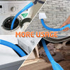 A blue dryer vent cleaning brush attachment is shown being used to clean a dryer vent on a brick wall.