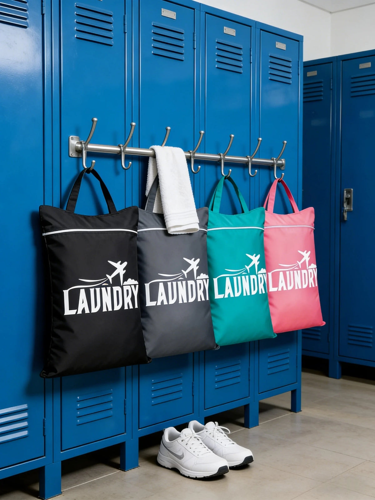 A row of blue storage cabinets displaying various colored laundry bags hanging on a rack.