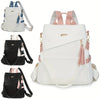 Three versions of a women's anti-theft PU leather travel backpack in white, black, and pink.