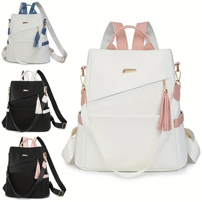 Three versions of a women's anti-theft PU leather travel backpack in white, black, and pink.