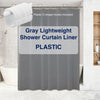 Gray lightweight plastic shower curtain liner with plastic C-shape hooks shown in a bathroom setting
