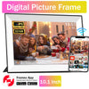 A digital picture frame displaying a family photo on a screen with an iPhone next to it.