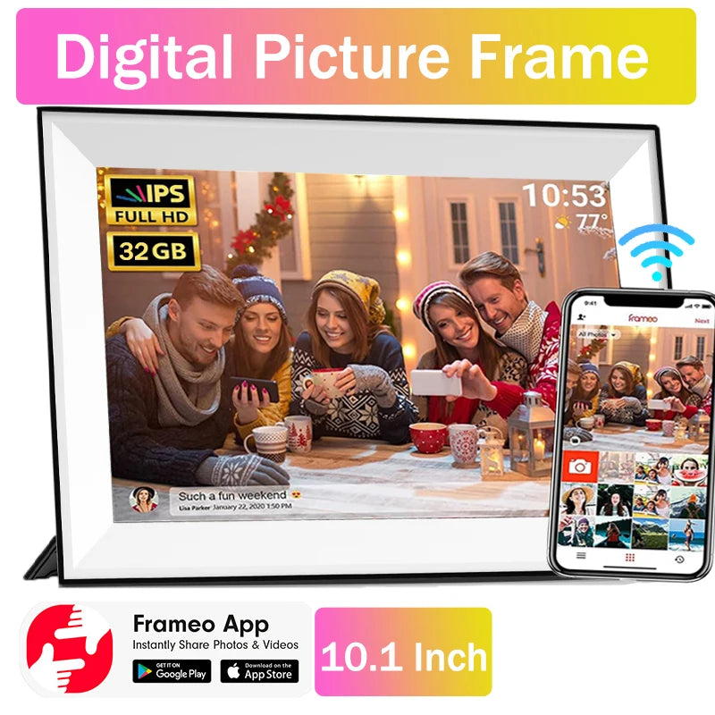 A digital picture frame displaying a family photo on a screen with an iPhone next to it.