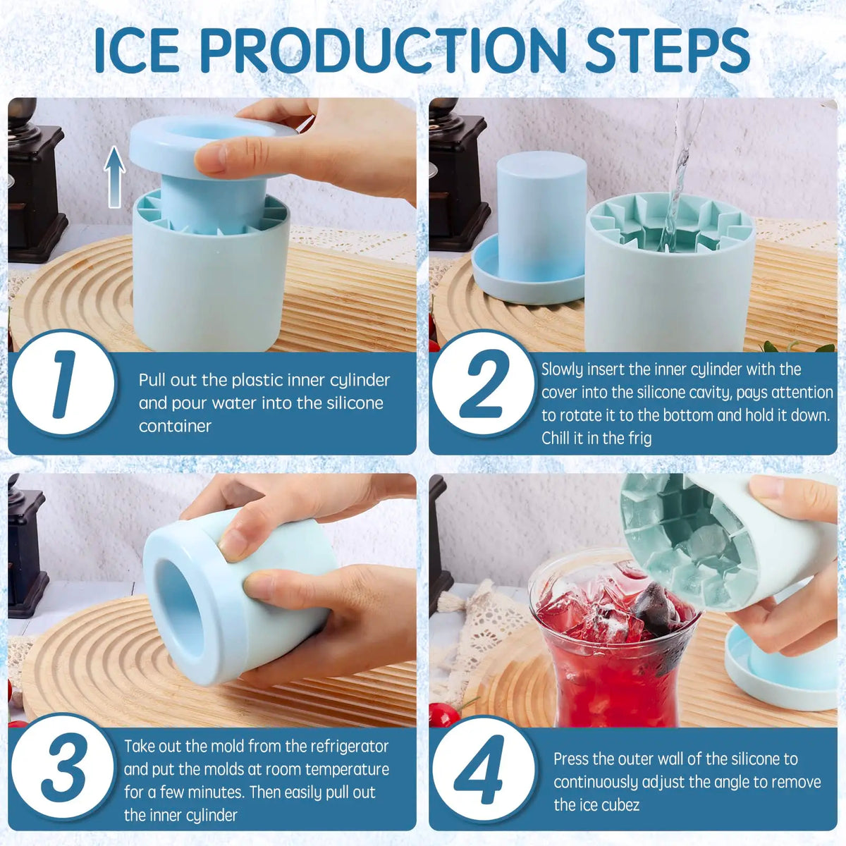 Four steps showing how to produce ice cubes using a silicone mold set
