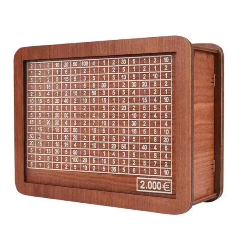 A wooden piggy bank with numbered slots for saving goals and a clear lid.