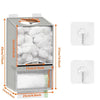 A silver mesh shopping bag organizer with a wall mount, showing its dimensions and two compartments.