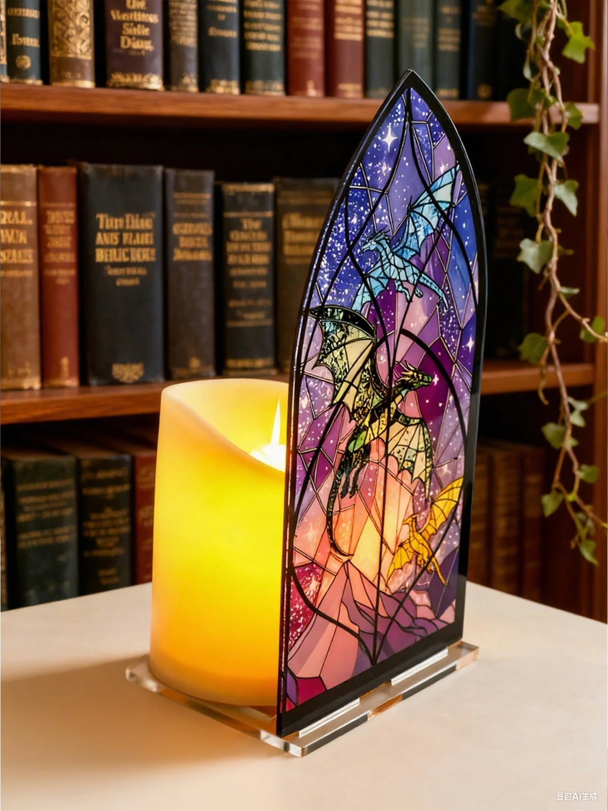 Porta-velas de dragón gótico con diseño de vitral en tonos morados y anaranjados.