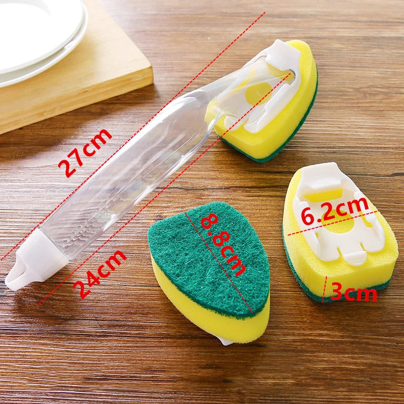 A dish wand cleaning brush set featuring a clear plastic handle and a yellow sponge with green bristles.