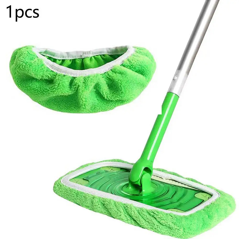 A bright green reusable microfiber swiffer mop cloth with a silver handle and green cleaning pad.