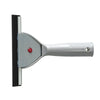 A silver glass cleaning squeegee with a black rubber blade and a handle.
